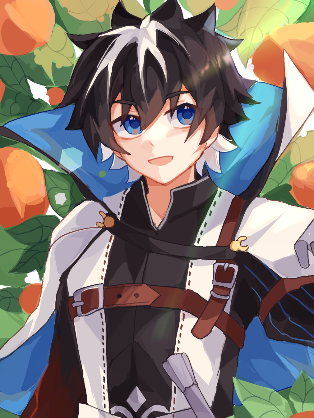 1boy belt belt_buckle black_hair black_shirt blue_cape blue_eyes brown_belt buckle cape charlemagne_(fate) charlemagne_(first_ascension)_(fate) chest_belt chinese_commentary commentary_request day fate/extella fate/extella_link fate/extra fate_(series) hair_between_eyes high_belt highres looking_up male_focus multicolored_hair open_mouth ribbon_trim shirt short_hair smile solo split_mouth strap sunlight two-sided_cape two-sided_fabric two-tone_hair upper_body white_cape white_hair white_shirt xiaochimeishuixing