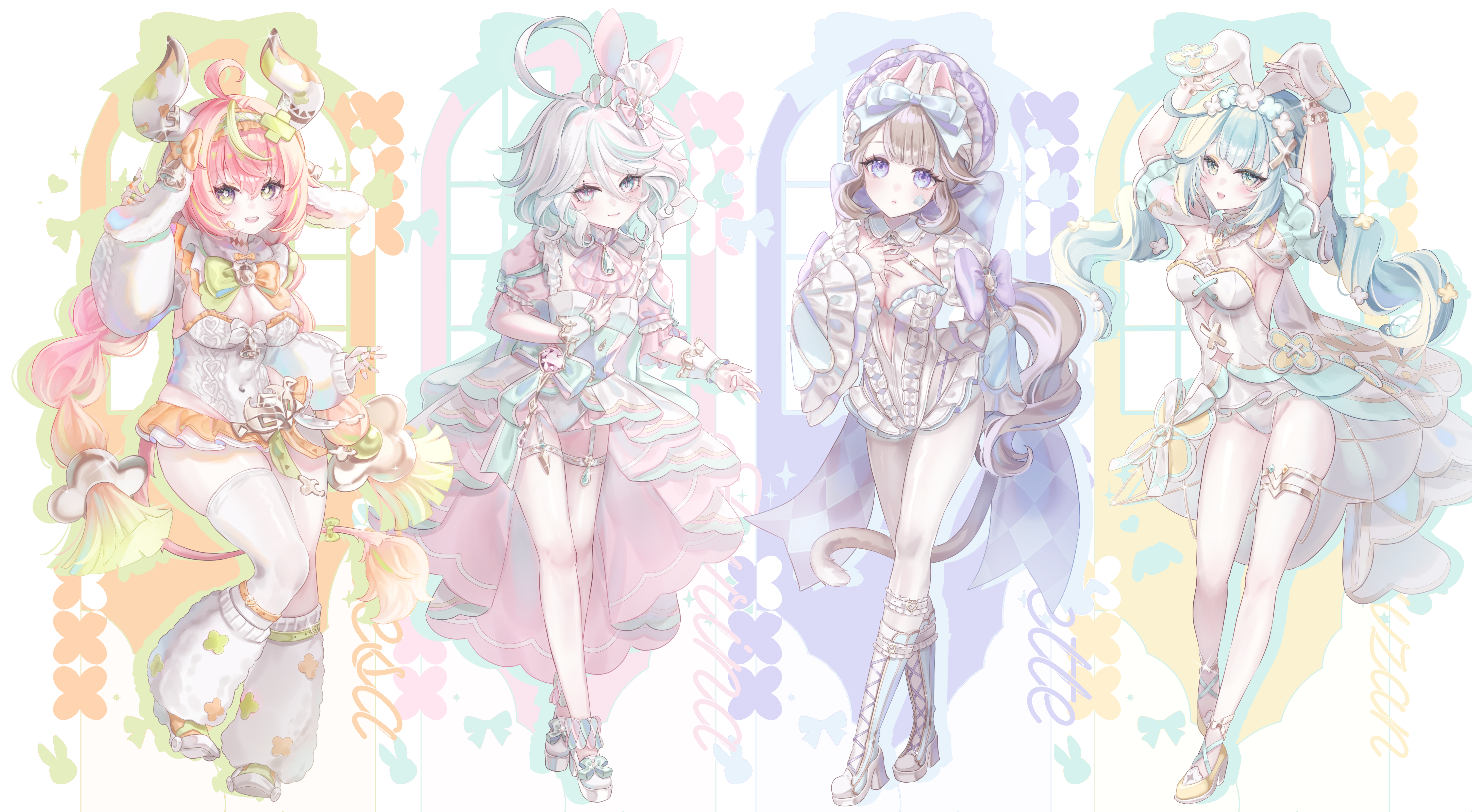 4girls :d absurdres ahoge alternate_costume alternate_eye_color alternate_hair_color animal_ear_fluff animal_ears anninufufu aqua_hair arms_up ascot bell blonde_hair blue_eyes blue_gemstone blue_pupils blush boots bow bowtie breasts cat_tail character_name cleavage commentary cow_girl cow_horns cow_tail cowbell cowlick detached_sleeves dress ear_bell facial_mark fake_animal_ears faruzan_(genshin_impact) full_body furina_(genshin_impact) gem genshin_impact green_bow green_bowtie green_eyes grey_hair hair_between_eyes hair_ornament hand_up heterochromia high_heel_boots high_heels highres horns large_breasts leotard long_hair long_sleeves looking_at_viewer lynette_(genshin_impact) medium_breasts medium_hair microskirt multicolored_hair multiple_girls open_mouth orange_bow orange_bowtie orange_skirt pantyhose parted_lips pink_ascot pink_dress pink_hair pink_pupils playboy_bunny puffy_long_sleeves puffy_short_sleeves puffy_sleeves purple_bow purple_eyes rabbit_ears shoes short_sleeves single_thighhigh skirt smile standing star_(symbol) star_facial_mark strapless strapless_leotard streaked_hair symbol-only_commentary symbol-shaped_pupils tail teardrop-shaped_gem teeth thigh_strap thighhighs twintails two-tone_bow two-tone_bowtie upper_teeth_only varesa_(genshin_impact) very_long_hair white_boots white_hair white_leotard white_pantyhose white_shoes white_thighhighs white_wrist_cuffs wrist_cuffs x_hair_ornament yellow_eyes yellow_shoes