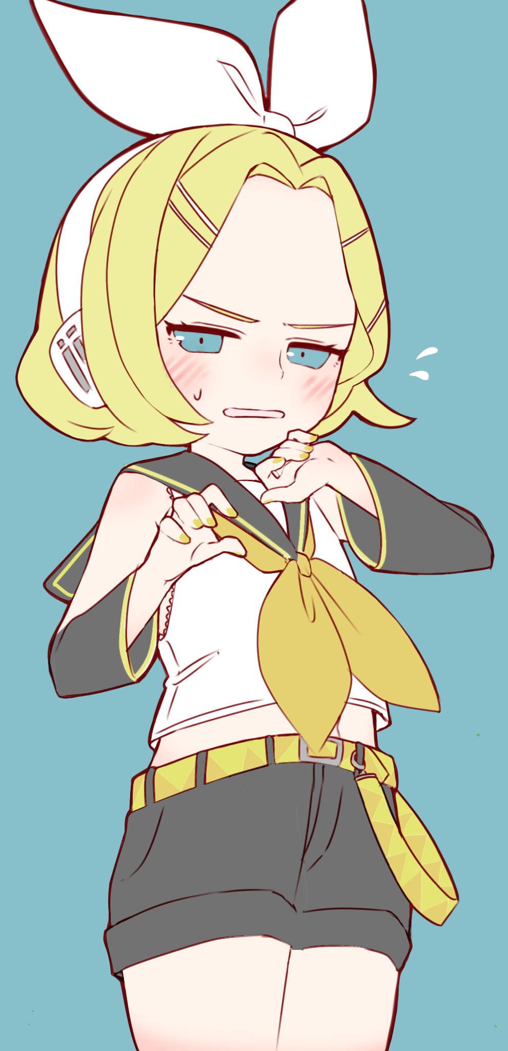 1girl black_shorts blonde_hair blue_background blue_eyes blush classicaloid color_connection cosplay detached_sleeves flat_color flying_sweatdrops hair_color_connection hair_ornament hairclip headphones highres kagamine_rin kagamine_rin_(cosplay) neckerchief pyotr_illyich_tchaikovsky_(classicaloid) sailor_collar shirt short_hair shorts simple_background solo sweatdrop tarutaru_s0urce vocaloid white_shirt yellow_neckerchief