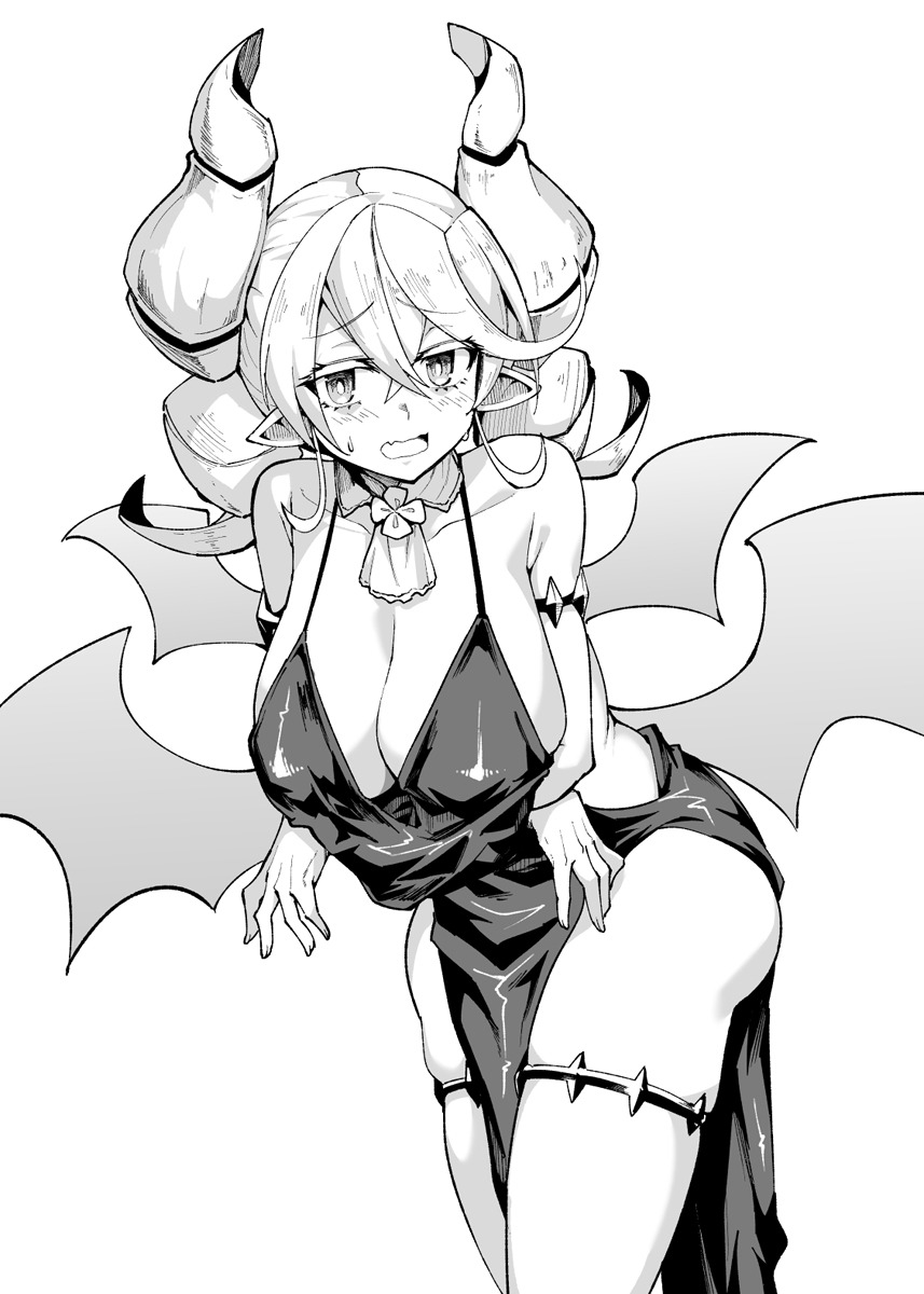 1girl arms_under_breasts bare_shoulders breasts cleavage cocktail_dress commentary_request cowboy_shot demon_girl demon_horns dress drill_hair duel_monster edobox highres horns long_hair lovely_labrynth_of_the_silver_castle multiple_wings simple_background solo spaghetti_strap twin_drills white_background wings yu-gi-oh!