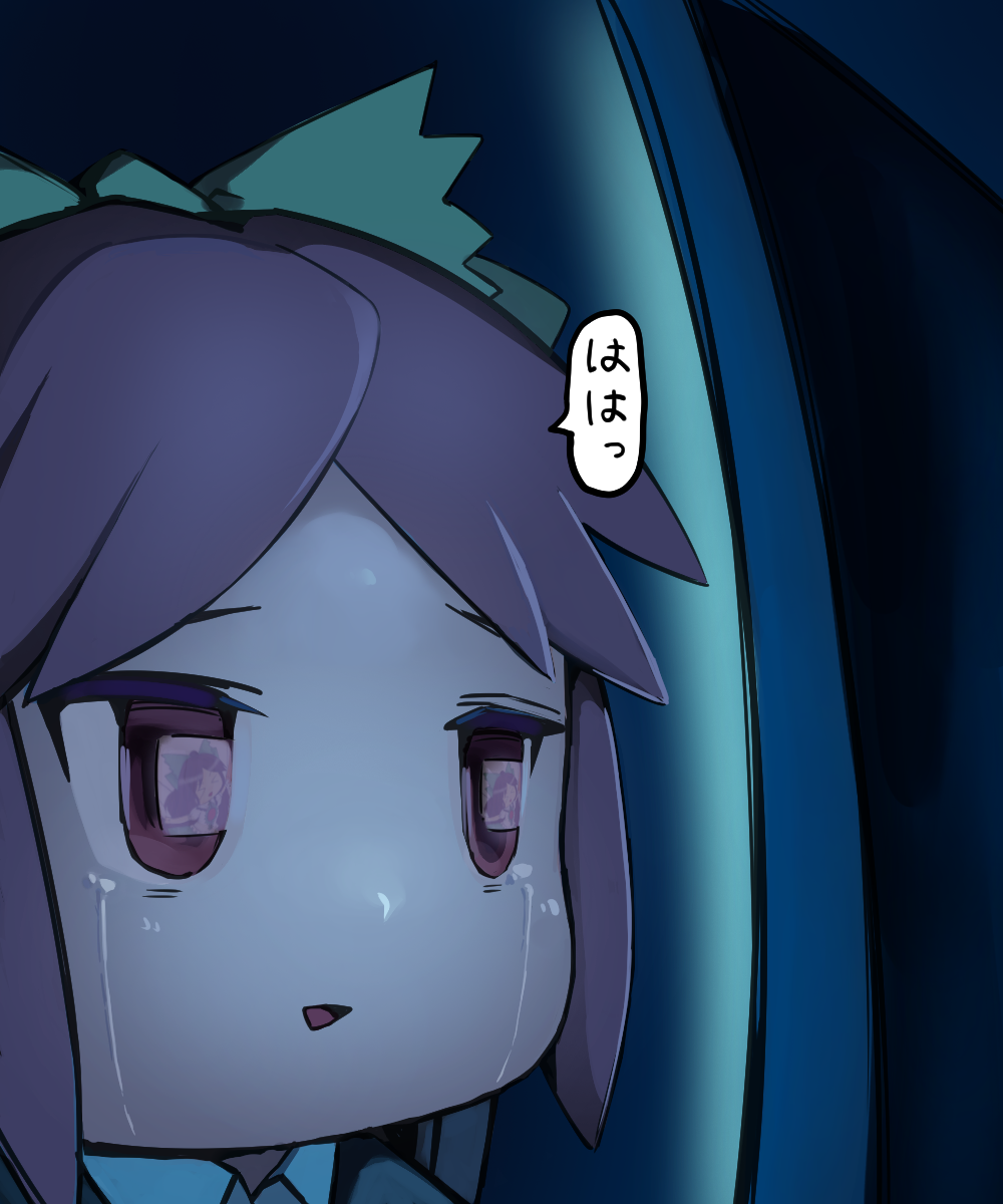 1girl bow brown_eyes brown_hair commentary_request cookie_(touhou) crying crying_with_eyes_open green_bow hair_bow highres long_hair nadeko_(cookie) open_mouth reiuji_utsuho satodesu_cookie smile solo tears touhou