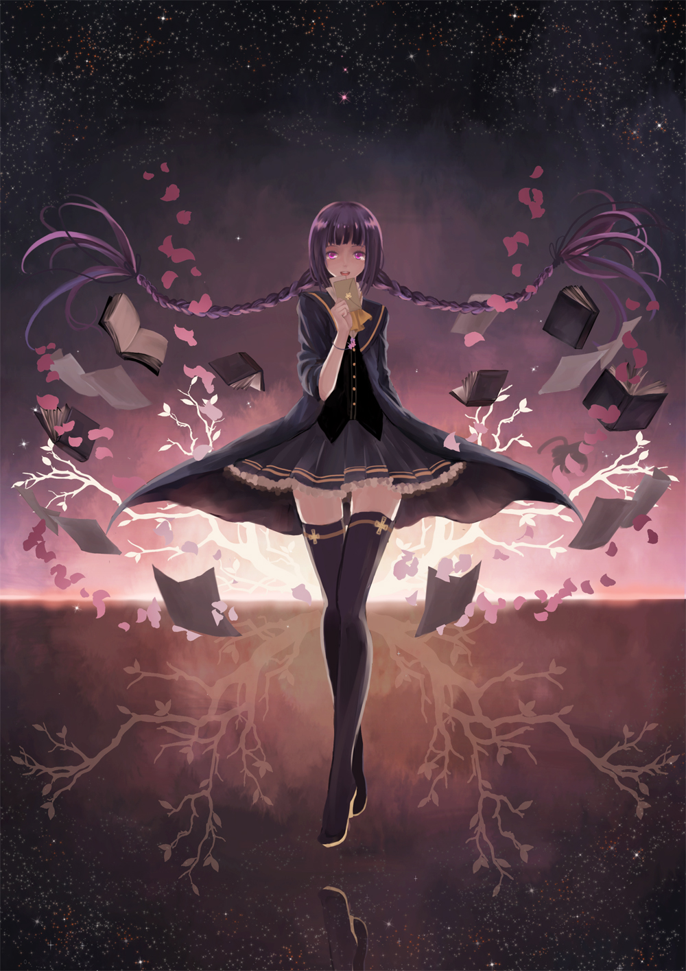1girl amano_tooko black_thighhighs blunt_bangs book braid branch bungaku_shoujo envelope female_focus floating_hair full_body highres long_hair miniskirt night night_sky open_mouth petals purple_eyes purple_hair reflection reflective_floor skirt sky solo standing star_(sky) star_(symbol) starry_sky thighhighs tsukii twin_braids twintails very_long_hair zettai_ryouiki