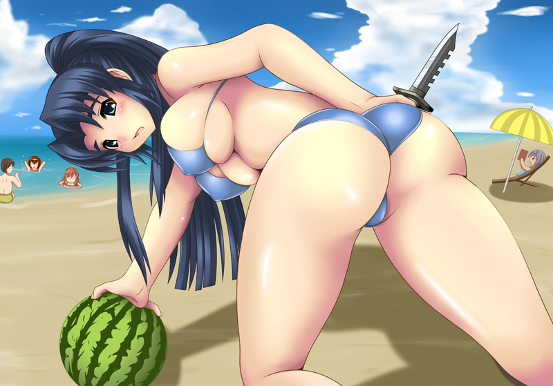 00s 1boy 4girls asahina_mikuru asakura_ryoko ass ass_focus beach bikini blue_hair book breasts curvy dagger day food fruit hazuki_yuu holding holding_food holding_fruit holding_watermelon knife kyon large_breasts long_hair multiple_girls nagato_yuki ocean sideboob suzumiya_haruhi suzumiya_haruhi_no_yuuutsu swimsuit umbrella underboob watermelon weapon