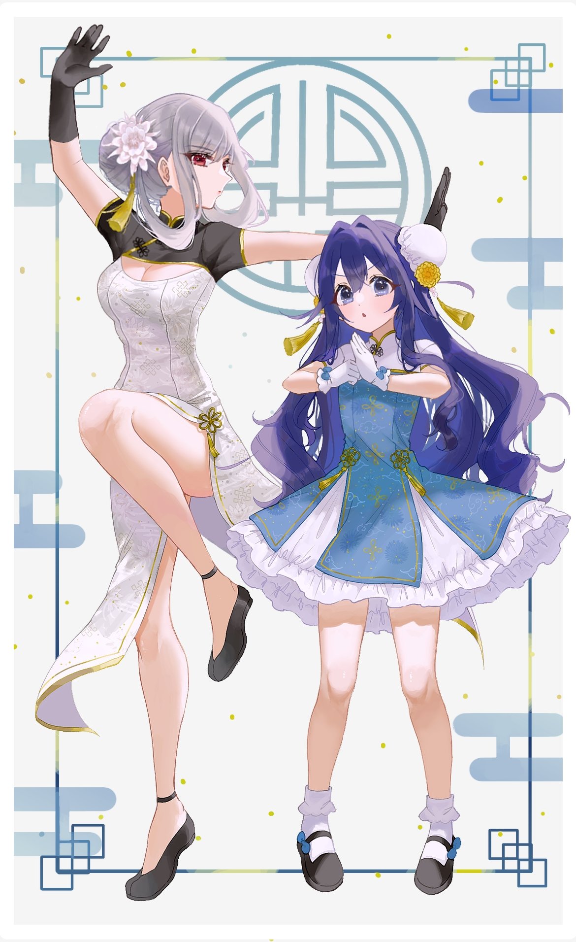 2girls alternate_costume alternate_hairstyle arm_up awahuji_miyuki bare_legs black_gloves black_shoes blue_dress blue_eyes blue_hair bobby_socks breasts bun_cover china_dress chinese_clothes commentary double_bun dress eiai_nano fighting_stance flower frilled_dress frills full_body gloves hair_between_eyes hair_bun hair_flower hair_ornament highres kimi_no_koto_ga_dai_dai_dai_dai_daisuki_na_100-nin_no_kanojo large_breasts long_hair looking_at_viewer multiple_girls red_eyes shoes side_slit simple_background single_hair_bun socks standing standing_on_one_leg tassel tassel_hair_ornament very_long_hair white_dress white_gloves white_hair white_socks yoshimoto_shizuka
