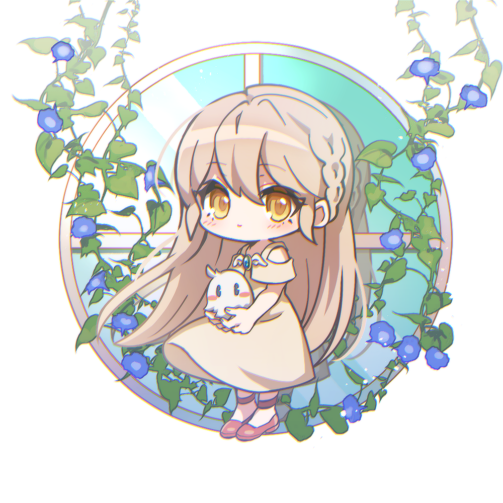 1girl bare_shoulders bishop_(maplestory) blue_flower blush braid brown_dress brown_eyes brown_hair chibi closed_mouth dress flower hair_between_eyes holding leafwow long_hair looking_at_viewer maplestory off-shoulder_dress off_shoulder round_window simple_background smile solo very_long_hair white_background window