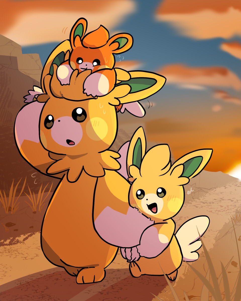 :o animal_focus arm_up backlighting black_eyes cloud evolutionary_line flying_sweatdrops full_body gradient_sky grass happy highres holding_hands lettuce_no_hito motion_lines musical_note nintendo no_humans on_head open_mouth orange_sky orange_theme outdoors pawmi pawmo pawmot pokemon pokemon_(creature) pokemon_on_head sky smile standing sun sunset walking