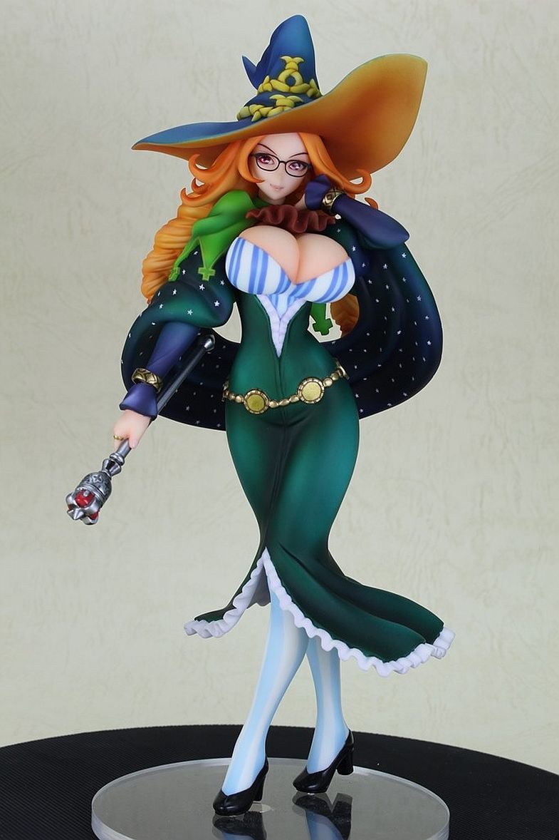 1girl arm_behind_head belt braid breasts brown_hair cleavage dress female_focus figure full_body glasses grand_knights_history hat high_heels huge_breasts long_hair muse_cromwell red_eyes shoes smile solo standing striped_legwear twin_braids wand witch_hat wristband
