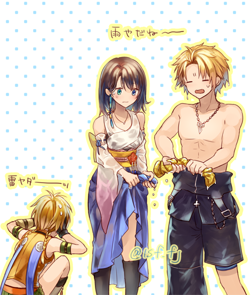 1boy 2girls back_bow blonde_hair bow bra brown_hair detached_sleeves final_fantasy final_fantasy_x hakama hakama_skirt japanese_clothes jewelry long_skirt multiple_girls necklace rikku_(ff10) sasanomesi see-through_clothes skirt square_enix tidus topless_male underwear wet wet_clothes wringing_clothes yuna_(ff10)