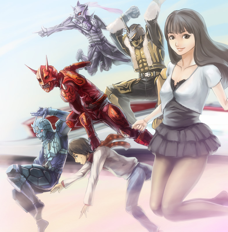 1girl 5boys barefoot brown_hair hana_(kamen_rider_den-o) jumping kamen_rider kamen_rider_den-o_(series) kintaros kintarosu mikel_(4hands) momotaros momotarosu multiple_boys nogami_ryoutarou pantyhose ryutaros ryutarosu scarf skirt urataros uratarosu