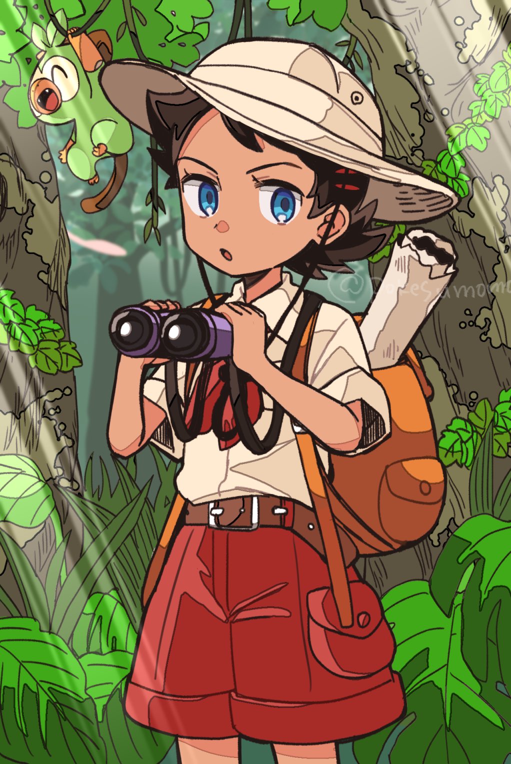 1boy :o backpack bag belt binoculars blue_eyes brown_bag brown_belt budding_expeditioner_(pokemon) budding_expeditioner_(pokemon)_(cosplay) commentary_request cosplay creatures_(company) day forest game_freak gen_8_pokemon goh_(pokemon) grookey hat highres holding holding_binoculars light_rays looking_to_the_side male_focus nature nintendo open_mouth outdoors plant pokemon pokemon_(anime) pokemon_(creature) pokemon_journeys pokemon_tcg pokemon_tcg_pocket pokesumomo red_shorts scroll shirt short_hair short_sleeves shorts tree vines