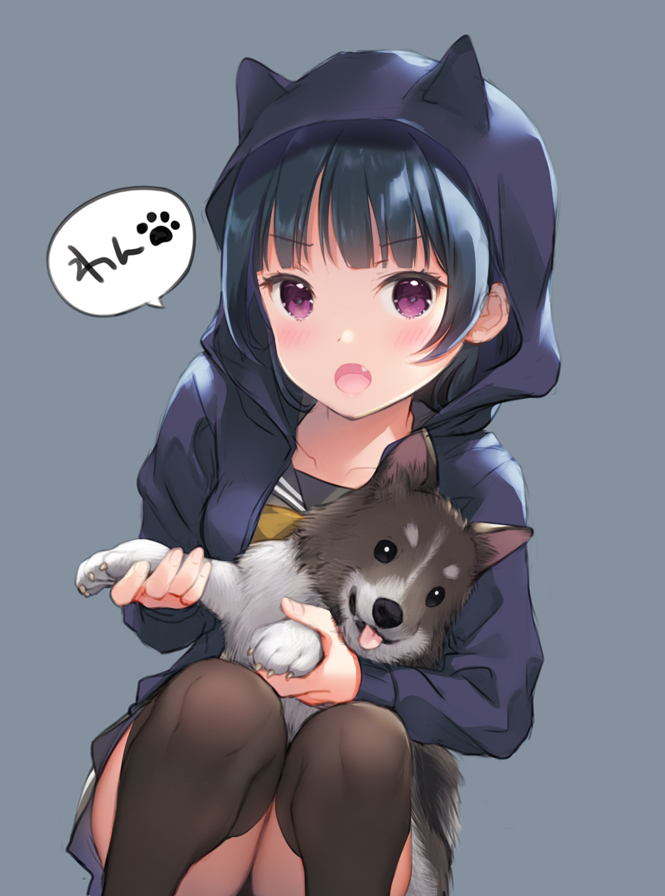 1girl animal animal_ears anko_(love_live!) black_hair black_thighhighs dog fake_animal_ears fang female_focus grey_background holding holding_animal hood hoodie looking_at_viewer love_live! love_live!_school_idol_festival love_live!_sunshine!! mignon open_mouth puppy purple_eyes simple_background skirt solo squatting thighhighs tsushima_yoshiko