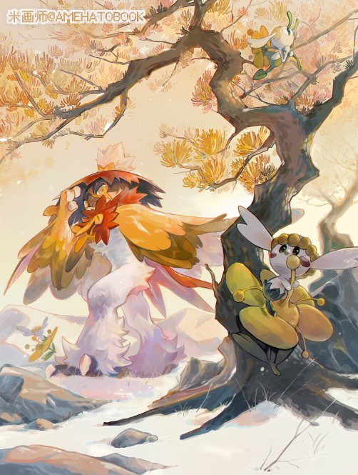amehatobook black_eyes commentary_request commission day flabebe flabebe_(yellow_flower) floating floette floette_(yellow_flower) gen_6_pokemon hisuian_decidueye looking_up nintendo no_humans outdoors pokemon pokemon_(creature) rock snow standing tree watermark