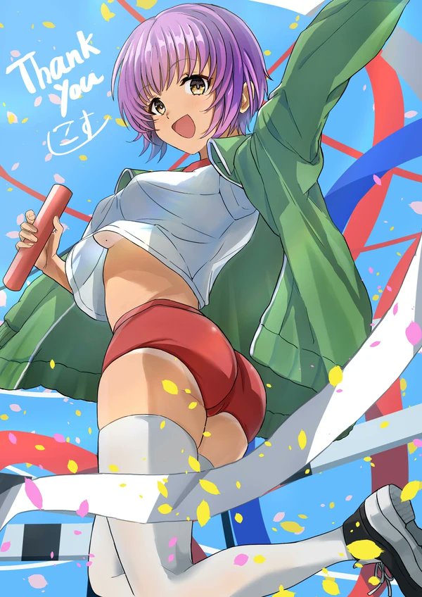 1girl arm_up ass bloomers breasts commentary_request green_jacket hair_between_eyes holding holding_relay_baton jacket kosuda looking_at_viewer open_clothes open_jacket original purple_hair running shoes short_hair smile sports_festival standing tan tanline thank_you thighhighs translation_request underwear white_thighhighs yellow_eyes
