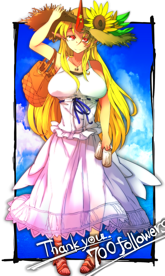 1girl alternate_costume bag blonde_hair blue_ribbon blue_sky breasts brown_sandals can closed_mouth cloud commentary_request dress flower frilled_dress frills full_body hand_on_headwear hat hat_flower holding holding_can horns hoshiguma_yuugi jewelry large_breasts long_hair looking_at_viewer milestone_celebration necklace pigeon-toed pointy_ears red_eyes red_horns rei_no_himo ribbon sandals single_horn sky sleeveless sleeveless_dress smile solo standing star_(symbol) sun_hat sunflower touhou white_dress yadokari_(yadokani) yellow_flower
