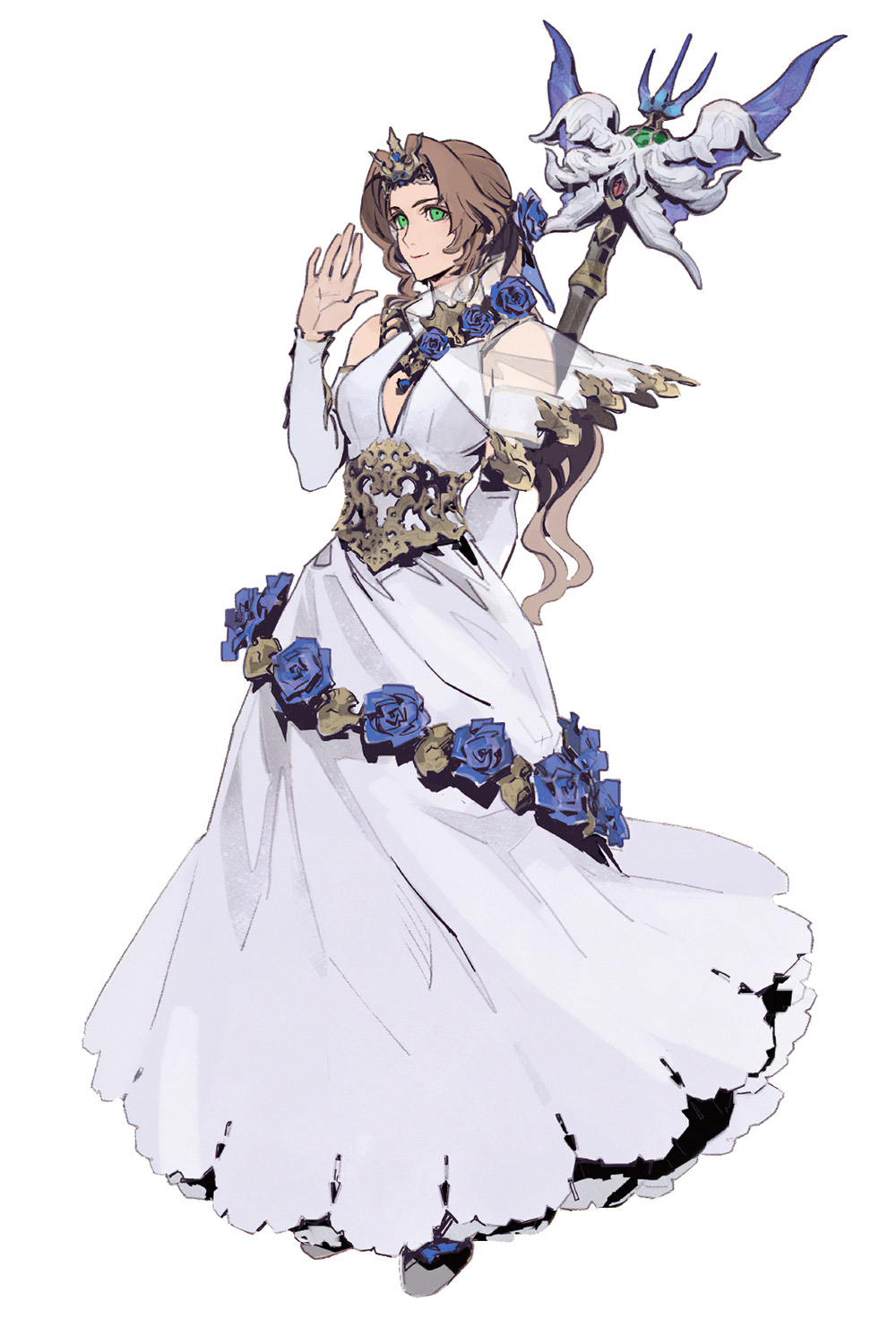 1girl aerith_gainsborough aerith_gainsborough_(prism_dress) brown_hair detached_sleeves dress dress_flower final_fantasy final_fantasy_vii final_fantasy_vii_ever_crisis flower fujise_lisa full_body green_eyes hair_flower hair_ornament highres holding holding_behind_back holding_staff holding_weapon_behind_back mage_staff official_alternate_costume official_art simple_background smile solo staff standing third-party_source tiara waving white_dress