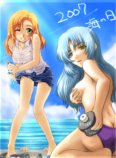 2girls aqua_hair ass banpresto bare_legs bare_shoulders beach bikini blue_hair breast_hold breasts cliana_rimskaya glacies green_eyes long_hair looking_back multiple_girls ocean open_mouth orange_hair skirt smile super_robot_wars super_robot_wars_destiny super_robot_wars_original_generation swimsuit the_2nd_super_robot_wars_og water wet wet_clothes wet_hair yellow_eyes