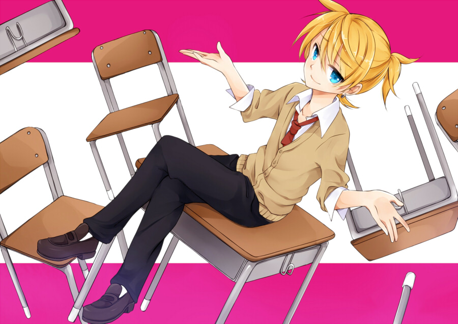 1boy blonde_hair closed_mouth earrings hair_between_eyes hazuki_natsu jewelry kagamine_len kusare_gedou_to_chokorewito_(vocaloid) looking_at_viewer necktie smile solo tagme vocaloid