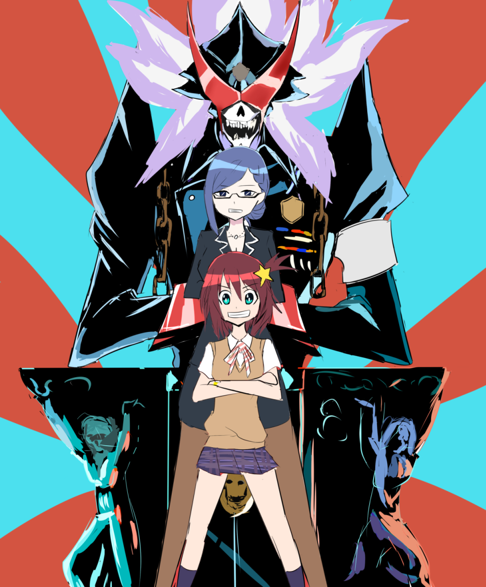 10s brown_hair company_connection crossover gunbuster_pose hair_ornament luluco over_justice school_uniform secretary_(uchuu_patrol_luluco) star_(symbol) star_hair_ornament top_wo_nerae! top_wo_nerae!_(series) uchuu_patrol_luluco