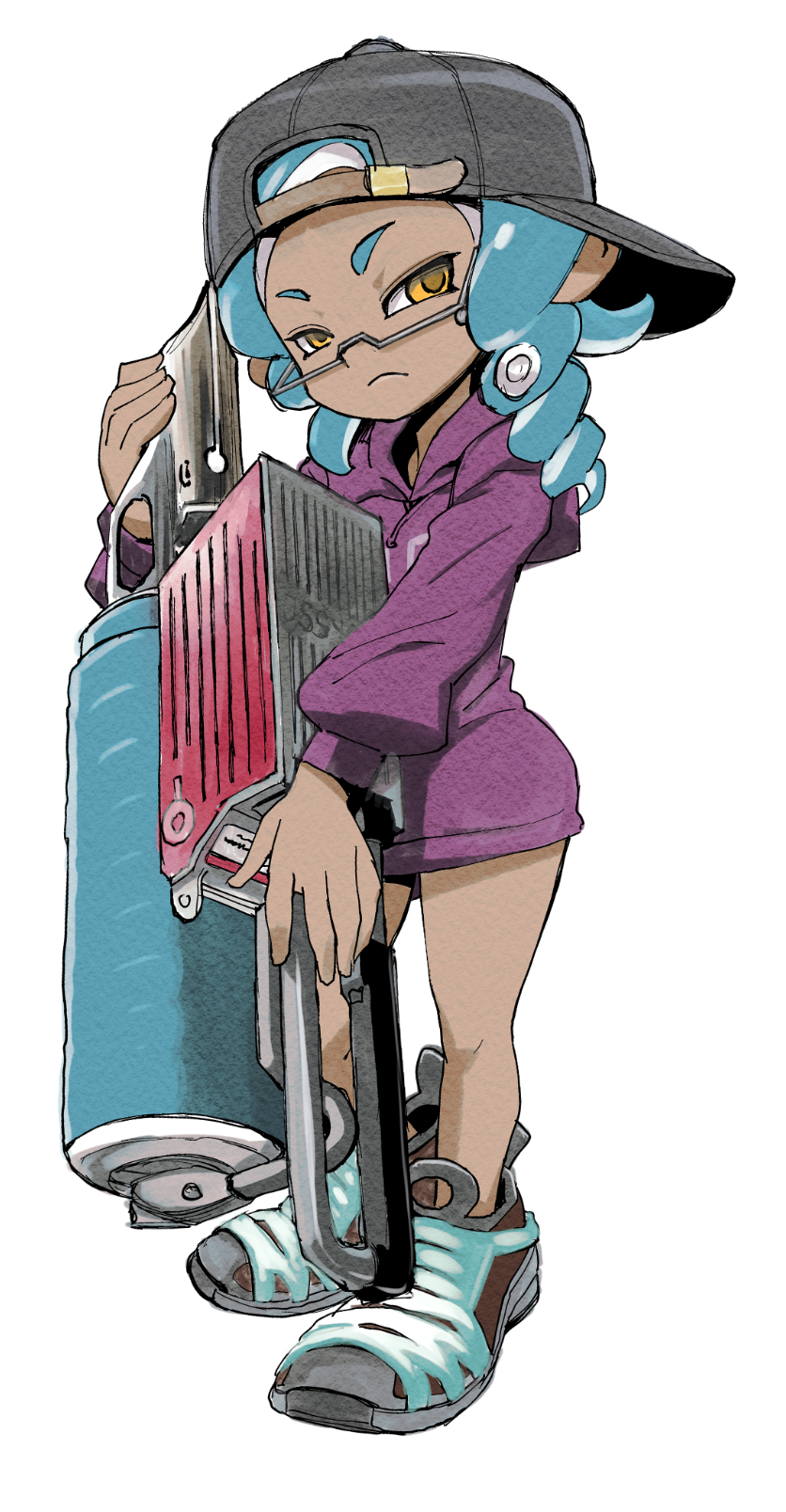 1girl backwards_hat baseball_cap bike_shorts black_hat blue_hair brown_shoes closed_mouth dark-skinned_female dark_skin drill_hair flingza_roller_(splatoon) frown full_body glasses hat highres holding holding_paint_roller holding_weapon hood hoodie long_hair long_sleeves looking_at_viewer muramasa_mikado nintendo octoling octoling_girl octoling_player_character octopus_girl paint_roller pointy_ears purple_hoodie shoes simple_background solo splatoon_(series) splatoon_3 standing suction_cups tentacle_hair twin_drills weapon white_background yellow_eyes