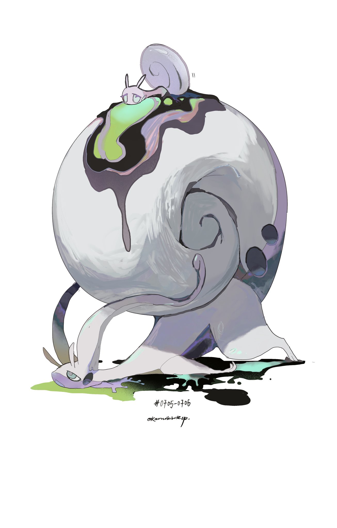 antennae colored_skin curled_tail evolutionary_line frown game_freak green_eyes half-closed_eyes highres hisuian_goodra hisuian_sliggoo kamikiririp nintendo no_humans on_ground pokemon pokemon_(creature) pokemon_focus pokemon_on_tail purple_skin shell slime_(substance) snail snail_shell white_skin