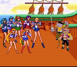 16-bit 16bit 2boys 6+girls aino_minako bebop bishoujo_senshi_sailor_moon black_hair blonde_hair blue_hair brown_hair game_console green_hair hino_rei kaiou_michiru kino_makoto mizuno_ami multiple_boys multiple_girls rocksteady ship snes sunset super_nintendo ten&#039;ou_haruka tsukino_usagi watercraft