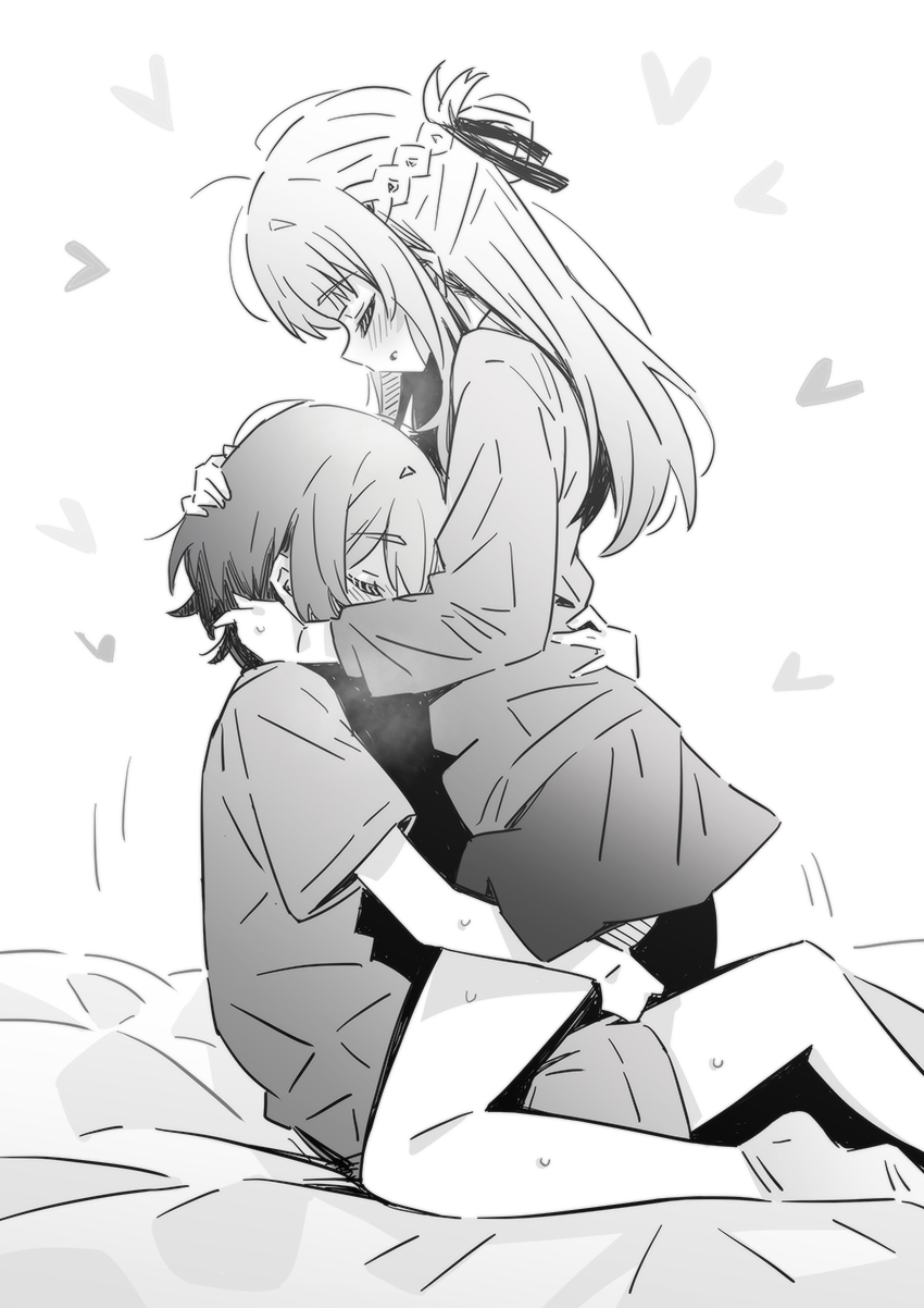 2girls blush closed_eyes commentary_request greyscale hand_on_another&#039;s_head hand_on_another&#039;s_neck hand_on_another&#039;s_waist heart highres long_hair long_sleeves lwmina70119 miyagi_shiori monochrome multiple_girls parted_lips sendai_hazuki shirt short_hair short_sleeves shorts shuuniichido_classmate_wo_kau_hanashi skirt straddling yuri