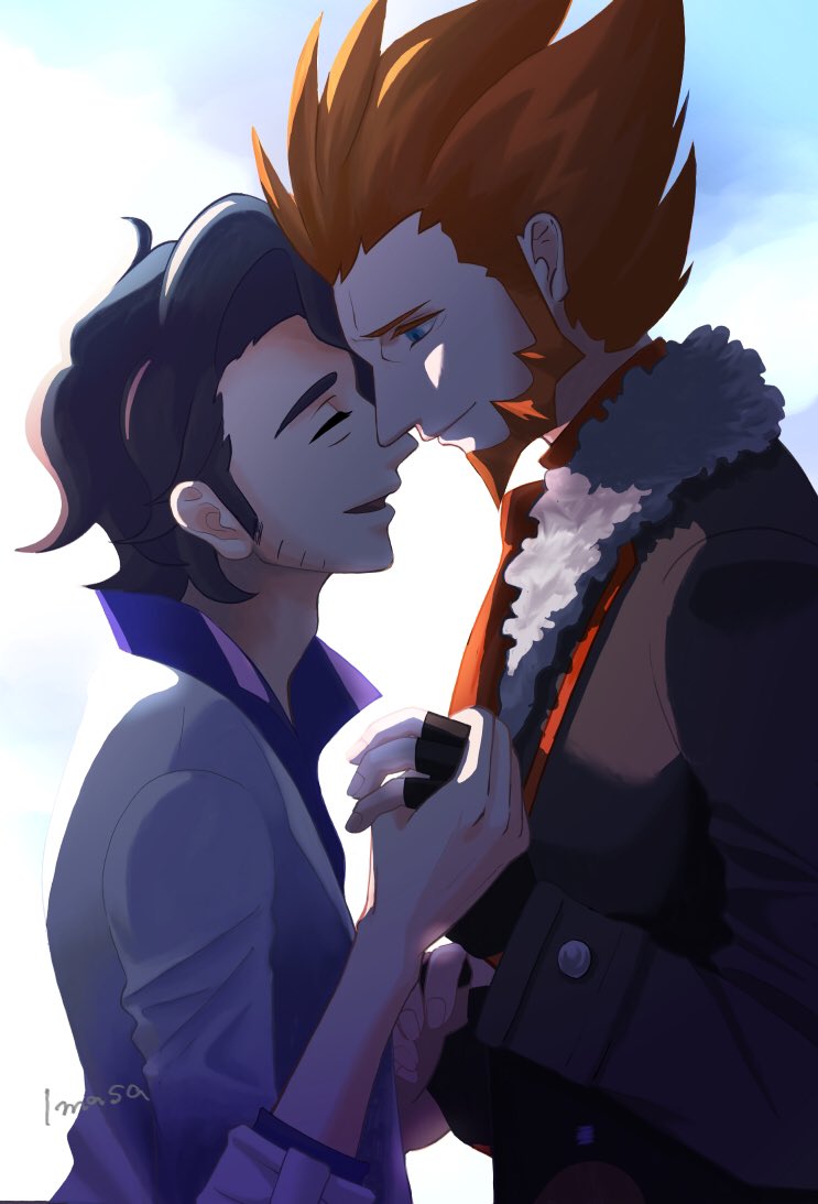 2boys professor_sycamore bad_id bad_twitter_id beard black_gloves black_hair blue_eyes closed_eyes closed_mouth commentary_request curly_hair facial_hair fingerless_gloves fur-trimmed_jacket fur_trim gloves holding_hands im_i_masa jacket lab_coat lysandre_(pokemon) male_focus multiple_boys nintendo open_mouth orange_hair pokemon pokemon_xy shirt short_hair smile team_flare upper_body