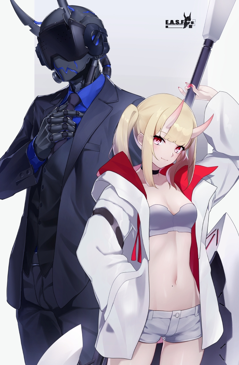 1boy 1girl axe black_choker black_jacket black_necktie black_vest blonde_hair blue_shirt breasts center-flap_bangs choker cleavage cowboy_shot demon_horns hand_in_pocket highres holding holding_axe holding_weapon horns jacket mechanical_hands mechanical_head midriff navel necktie open_clothes open_jacket original red_eyes red_nails shirt short_shorts shorts strapless suit_jacket tokonagi_yori tube_top twintails vest weapon white_jacket white_shorts