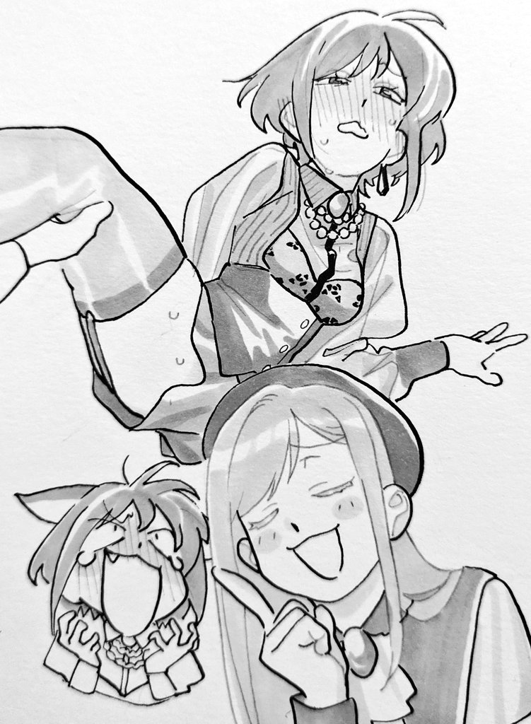 2girls :3 :d ahoge amoris_(bang_dream!) animal_ears ascot bang_dream! bang_dream!_it&#039;s_mygo!!!!! beret big_mouth blush blush_stickers breasts brooch capelet cat_ears chestnut_mouth cleavage_cutout closed_eyes clothing_cutout collared_shirt commentary corset earrings english_commentary fang full-face_blush garter_straps greyscale hair_between_eyes half-closed_eyes hand_up hands_up hat implied_yuri index_finger_raised jewelry kemonomimi_mode leaning_to_the_side leg_lift long_hair long_sleeves lying medium_breasts monochrome mortis_(bang_dream!) mortis_(costume)_(bang_dream!) mortis_(persona)_(bang_dream!) multiple_girls necklace nervous_sweating on_side open_hands open_mouth pearl_necklace samipeko see-through_clothes see-through_sleeves shirt short_hair shorts simple_background smile striped_clothes striped_shirt sweat swept_bangs teardrop thighhighs vertical-striped_clothes vertical-striped_shirt wakaba_mutsumi white_background yuutenji_nyamu