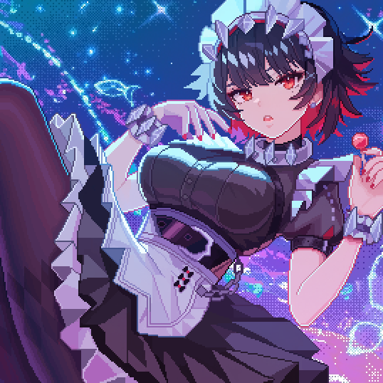 1girl black_hair black_pantyhose breasts brown_pantyhose candy colored_inner_hair ellen_joe food itzah lollipop looking_at_viewer maid maid_headdress medium_breasts multicolored_hair nail_polish necktie pantyhose parted_lips pixel_art red_eyes red_hair red_necktie short_hair solo zenless_zone_zero