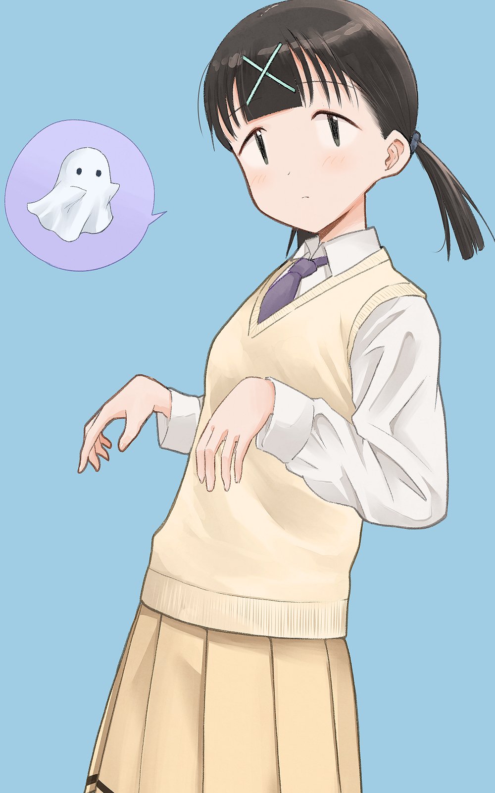 1girl black_eyes black_hair blue_background blush closed_mouth collared_shirt commentary_request ghost_pose hair_ornament highres itou_hikari long_hair long_sleeves looking_at_viewer necktie okiru pleated_skirt purple_necktie school_uniform shirt simple_background skirt solo speech_bubble spoken_ghost standing sweater_vest twintails watashi_ga_motenai_no_wa_dou_kangaetemo_omaera_ga_warui! white_shirt x_hair_ornament yellow_skirt yellow_sweater_vest