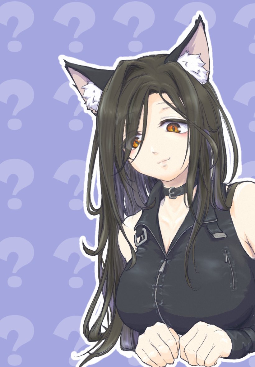 1girl 2tamagosuki animal_ears black_corset black_hair breasts cat_ears corset huge_breasts large_breasts lipstick long_hair looking_at_viewer makeup nijisanji orange_eyes shirayuki_tomoe shirayuki_tomoe_(9th_costume) simple_background sleeveless smile solo virtual_youtuber