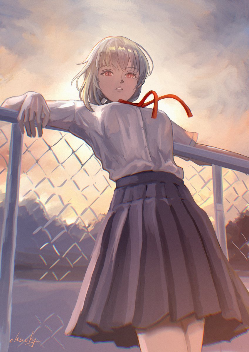 1girl against_fence alternate_costume breasts chromatic_aberration chucky_(chucky1000sun) commentary_request fence grey_hair grey_skirt looking_ahead medium_breasts mismatched_irises mole mole_under_mouth neck_ribbon outdoors parted_lips red_eyes red_ribbon ribbon sanhua_(wuthering_waves) school_uniform shirt shirt_tucked_in short_hair signature skirt solo tacet_mark_(wuthering_waves) white_shirt wuthering_waves