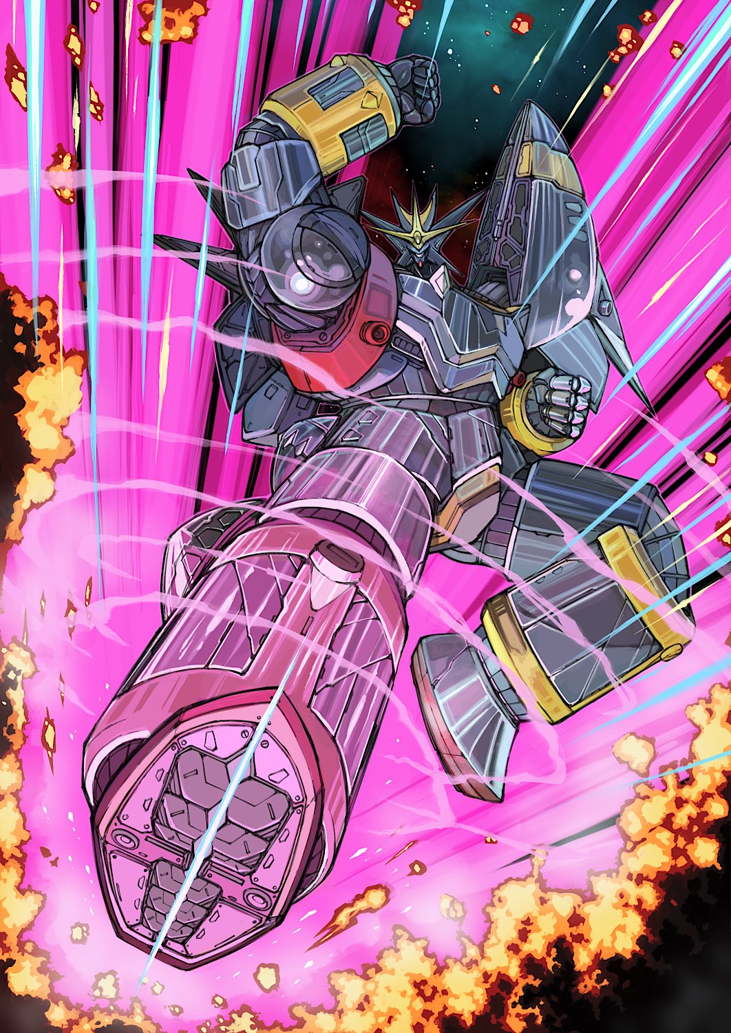gunbuster head_tilt highres inazuma_kick kicking mecha one_eye_closed robot space top_wo_nerae! top_wo_nerae!_(series)