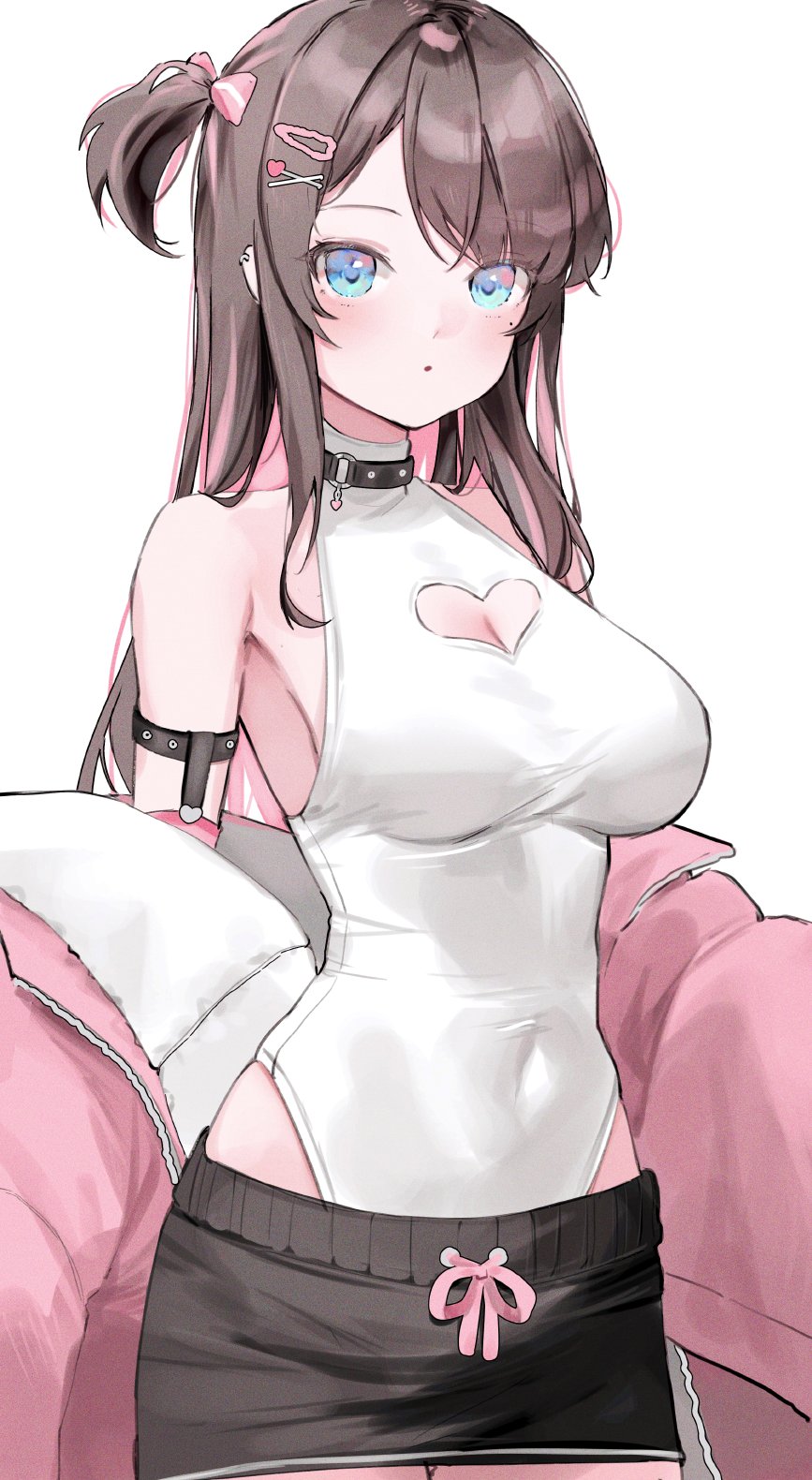 1girl arm_strap arm_warmers armpits bare_shoulders black_choker black_skirt blue_eyes blush bow breasts brown_hair choker cleavage_cutout clothes_down clothing_cutout colored_inner_hair commentary covered_navel cowboy_shot ear_piercing hair_bow hair_ornament hairclip heart heart_choker heart_cutout heart_hair_ornament high_collar highleg highleg_leotard highres jacket kaga_nazuna large_breasts leotard long_hair long_sidelocks long_sleeves looking_at_viewer lupinus_virtual_games miniskirt mole mole_under_eye multicolored_hair nakony off_shoulder one_side_up parted_lips piercing pink_arm_warmers pink_bow pink_hair pink_jacket sidelocks simple_background skirt solo symbol-only_commentary two-sided_fabric two-tone_hair virtual_youtuber vspo! white_leotard x_hair_ornament