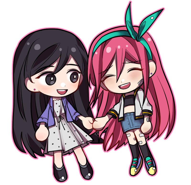 2girls :d aubrey_(faraway)_(omori) aubrey_(omori) bandaid bandaid_on_leg black_eyes black_hair black_sailor_collar black_shirt black_shoes black_socks blue_skirt blush bow_hairband bright_pupils chibi chibi_only collared_jacket commentary_request cropped_shirt denim denim_skirt double-parted_bangs dress earrings full_body green_hairband hair_behind_ear hair_between_eyes hairband holding_hands jacket jewelry kneehighs korean_commentary legs_apart legs_together long_hair long_sleeves looking_at_another looking_to_the_side mari_(faraway)_(omori) mari_(omori) medium_dress midriff miniskirt multiple_girls omori open_clothes open_jacket open_mouth outline pink_hair pink_outline polka_dot polka_dot_dress purple_jacket raised_inner_eyebrows sailor_collar shirt shoes sidelocks simple_background skirt smile sneakers socks standing straight_hair stud_earrings teeth upper_teeth_only very_long_hair white_pupils white_shirt yougotnacho yuri