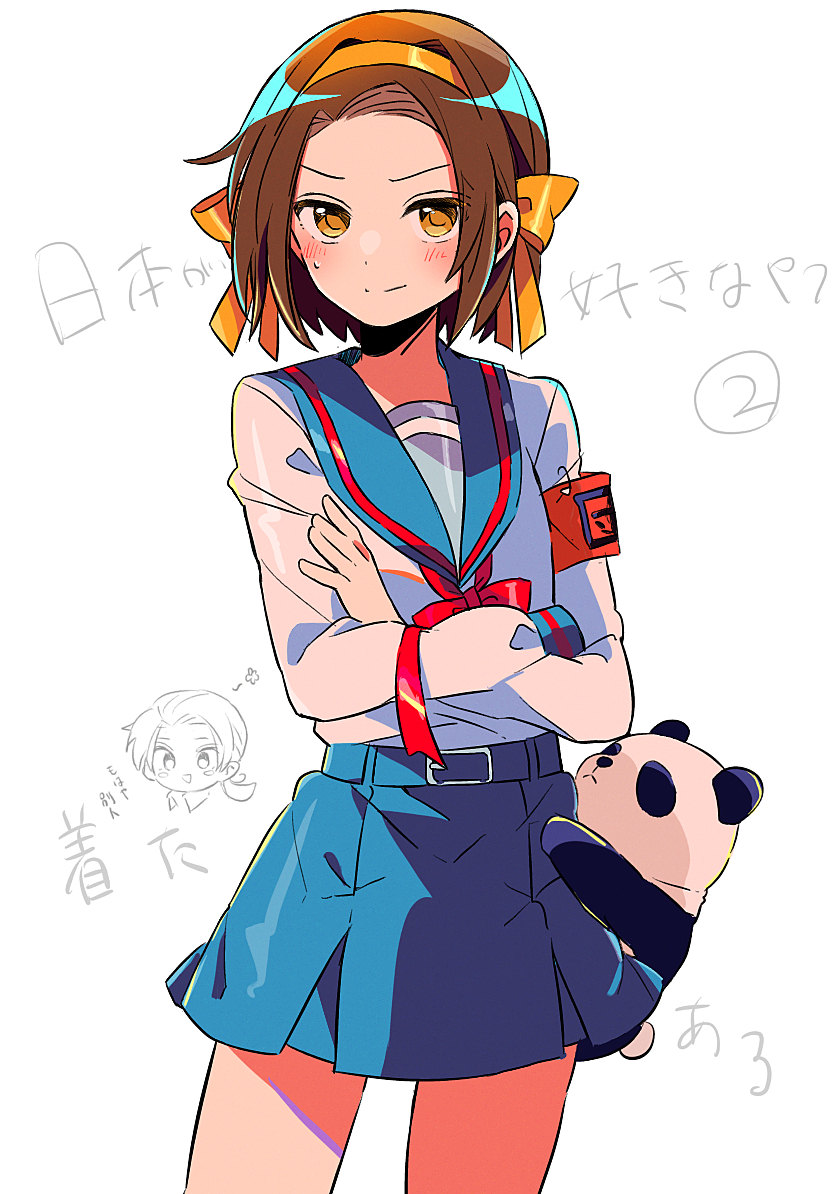 1boy androgynous armband axis_powers_hetalia blue_sailor_collar blue_skirt blush bow bow_hairband brown_eyes brown_hair buckle china_(hetalia) cosplay cowboy_shot crossdressing crossdressing_(mtf) crossed_arms hairband kita_high_school_uniform long_sleeves looking_at_viewer miniskirt panda pleated_skirt red_ribbon ribbon safety_pin sailor_collar sanamaru_(sana79261827) school_uniform short_hair sketch skirt solo suzumiya_haruhi suzumiya_haruhi_(cosplay) suzumiya_haruhi_no_yuuutsu sweatdrop trap white_background yellow_bow yellow_hairband
