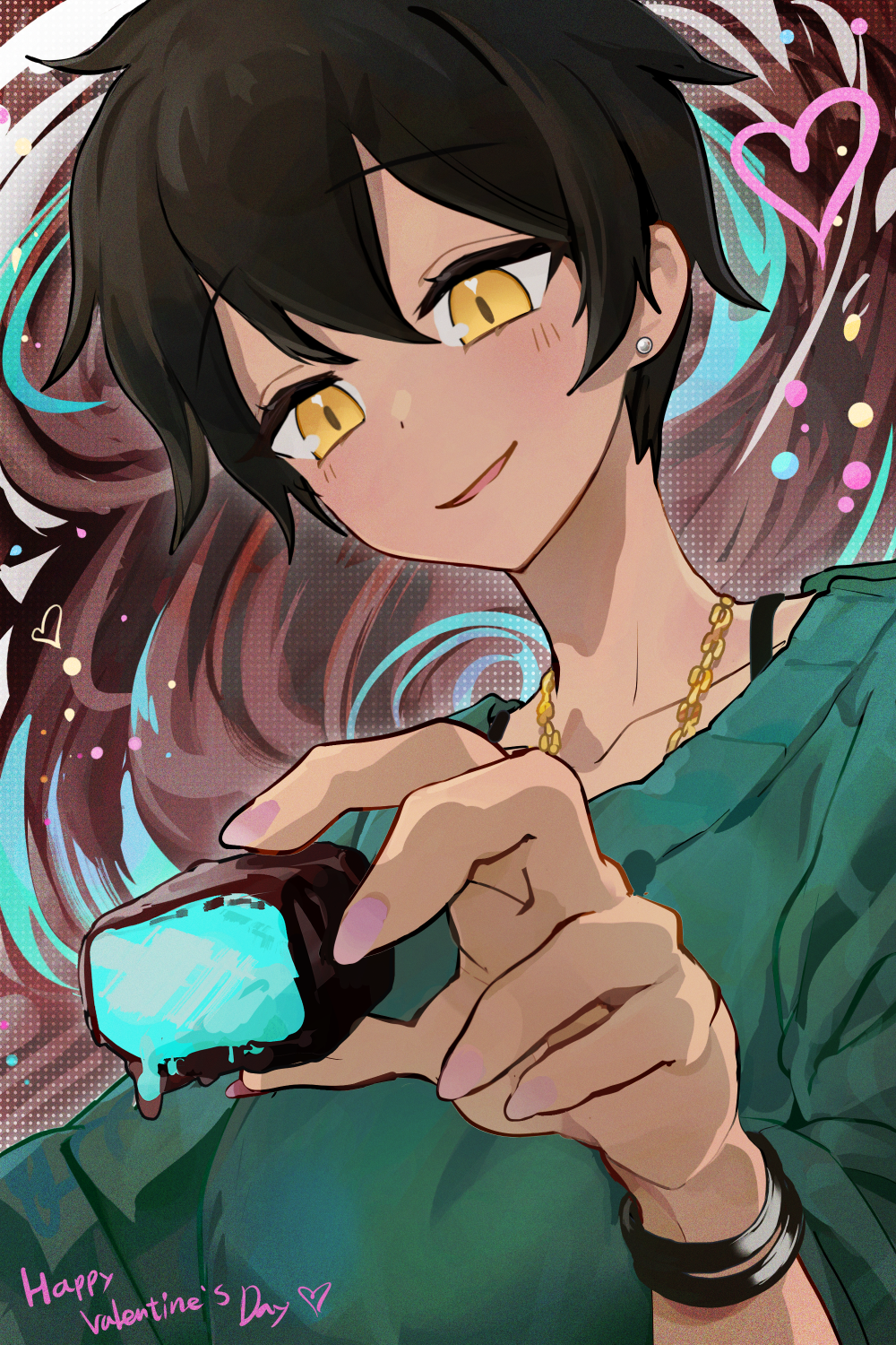 1girl black_hair bracelet brown_background chain chocolate collarbone dark-skinned_female dark_skin earrings food gold_chain green_shirt happy_valentine heart highres holding holding_chocolate holding_food jewelry kurobe_natsumi mo0o0rae necklace parted_lips senpai_ga_uzai_kouhai_no_hanashi shirt short_hair smile solo upper_body yellow_eyes