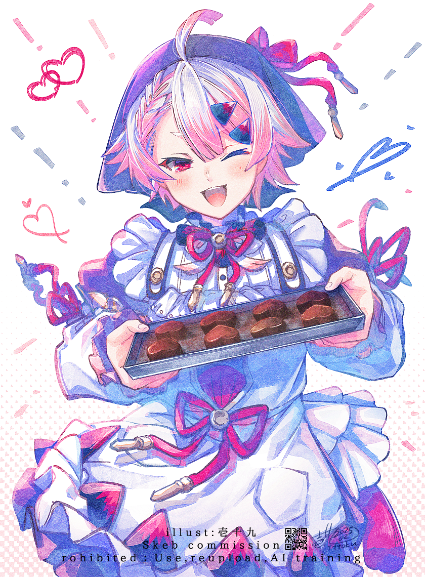 1girl ;d ahoge apron braid candy chocolate chocolate_heart commentary_request commission dated dress english_text food frilled_apron frills gradient_background hair_ornament hairclip headscarf heart heart-shaped_food heart_background holding ittokyu layered_sleeves long_sleeves looking_at_viewer multicolored_hair one_eye_closed open_mouth original pink_background pink_hair puffy_long_sleeves puffy_short_sleeves puffy_sleeves qr_code red_dress red_eyes short_hair short_over_long_sleeves short_sleeves signature skeb_commission smile solo streaked_hair typo virtual_youtuber watermark white_apron white_background white_hair