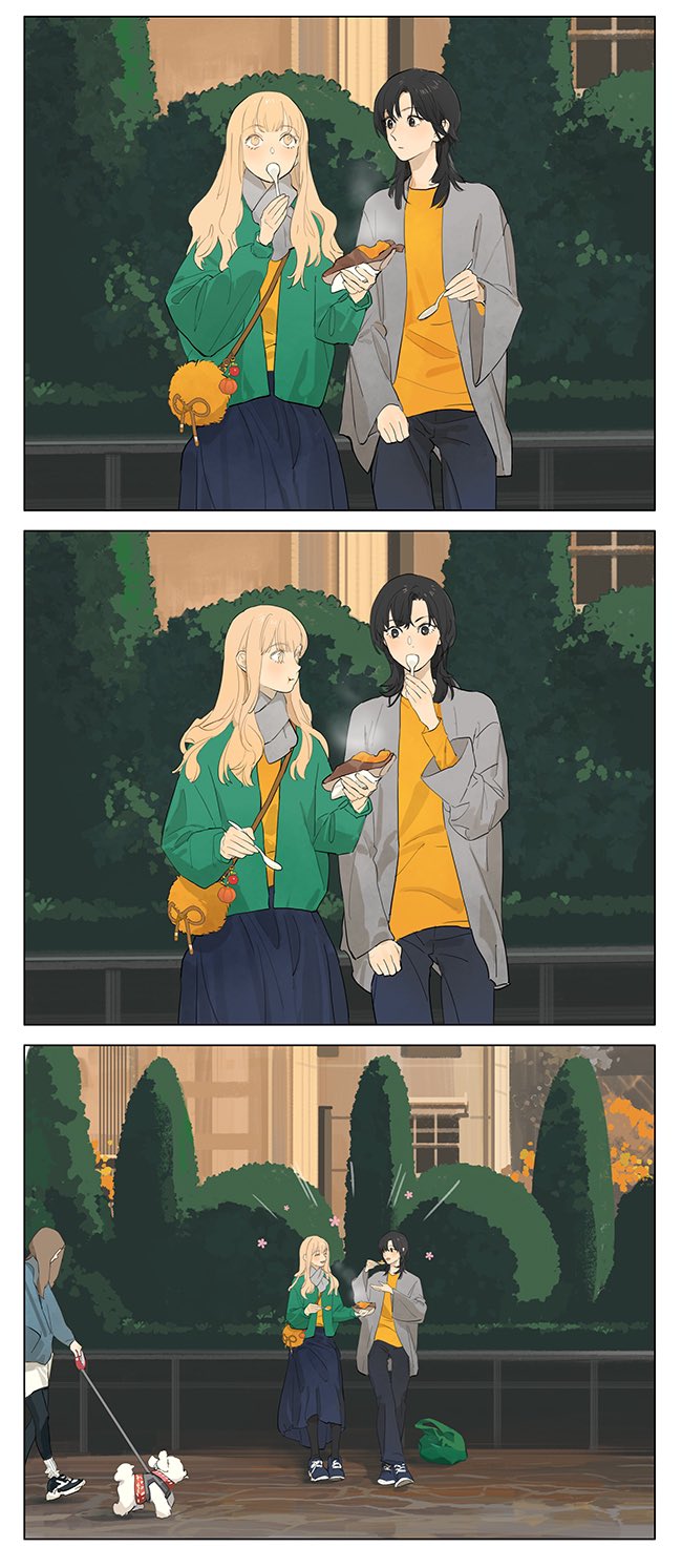 3girls black_footwear black_hair black_pants black_skirt blonde_hair bush commentary dog eating english_commentary food green_bag green_jacket grey_jacket highres holding holding_food holding_spoon jacket long_hair long_skirt long_sleeves multiple_girls pants pet_walking qiu_tong roasted_sweet_potato shirt skirt spoon sq_(series) sun_jing sweet_potato tanjiu utensil_in_mouth yellow_bag yellow_shirt