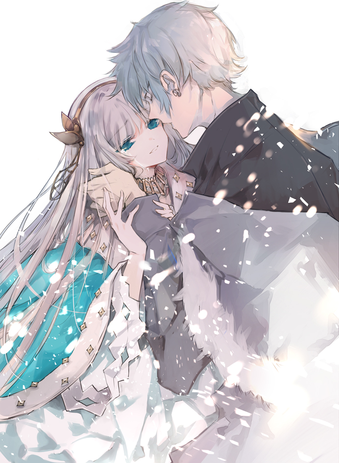 1boy 1girl anastasia_(fate) blue_cloak blue_eyes choker cierra_(ra-bit) cloak dress earrings fate/grand_order fate_(series) fur-trimmed_jacket fur_trim grey_hair grey_jacket hairband jacket jewelry kadoc_zemlupus long_hair long_sleeves parted_lips short_hair simple_background very_long_hair white_background white_dress
