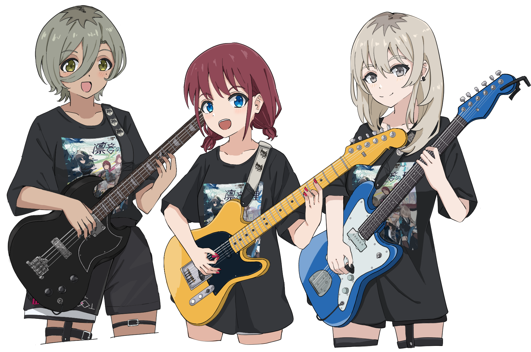 3girls bass_guitar black_nails black_shirt black_shorts black_thighhighs blue_eyes blush brown_hair censored closed_mouth collarbone commentary cowboy_shot cropped_legs earrings electric_guitar fender_jazzmaster fender_telecaster garter_straps girls_band_cry grey_eyes grey_hair guitar hair_between_eyes highres holding holding_guitar holding_instrument holding_plectrum instrument iseri_nina jewelry kawaragi_momoka long_hair long_hair_between_eyes low_twintails mole mole_under_eye mosaic_censoring multiple_girls nail_polish open_mouth playing_guitar playing_instrument plectrum red_hair red_nails rupa_(girls_band_cry) sagittarius_(cruxhkg) shirt short_hair short_sleeves short_twintails shorts sidelocks simple_background smile teeth thigh_strap thighhighs twintails upper_teeth_only white_background yellow_eyes