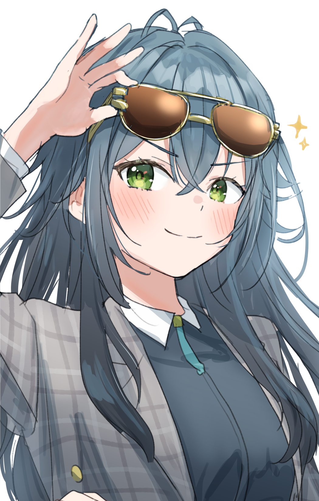 1girl adjusting_eyewear antenna_hair black_shirt blush closed_mouth doyagao gakuen_idolmaster green_eyes green_hair grey_jacket hand_up highres idolmaster jacket long_hair long_sleeves looking_at_viewer open_clothes open_jacket shirt simple_background smile smug solo sparkle sunglasses tori_ririisu tsukimura_temari upper_body v-shaped_eyebrows very_long_hair white_background yellow-framed_eyewear