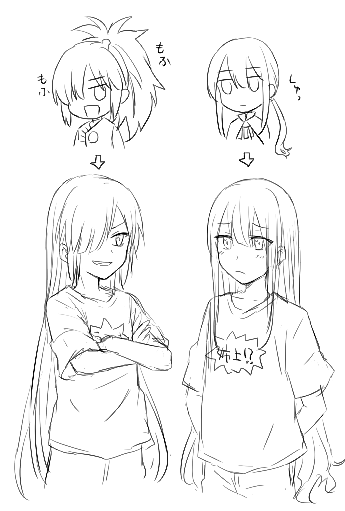 !? 2boys :d alternate_hairstyle arms_behind_back arrow_(symbol) blank_eyes buster_shirt cape center-flap_bangs chibi closed_mouth collarbone commentary cowboy_shot cropped_shoulders crossed_arms fate/grand_order fate_(series) fiery_hair frown grin hair_between_eyes hair_down hair_over_one_eye high_collar jitome keikenchi_(style) light_blush looking_at_viewer low_ponytail male_focus monochrome multiple_boys oda_kippoushi_(fate) oda_nobukatsu_(fate) oda_nobunaga_(fate) open_mouth ponytail raised_eyebrows shirt short_sleeves sidelocks sketch smile t-shirt teramoto_kei v-shaped_eyebrows white_background