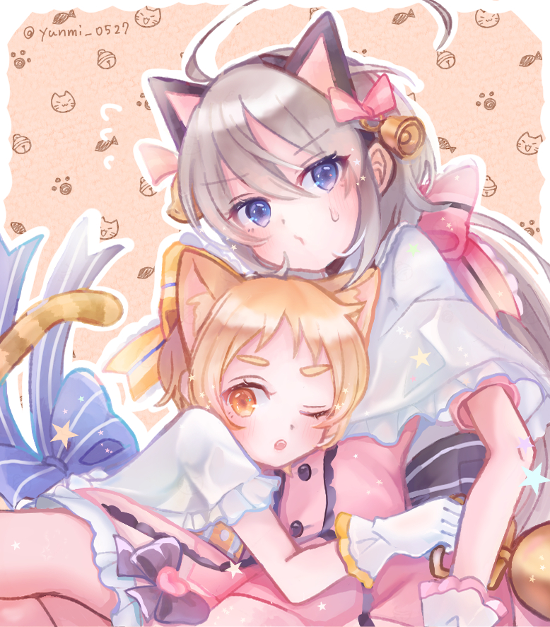 2girls animal_ears blonde_hair cat_ears grey_hair hair_between_eyes hair_ribbon long_hair matsuri_(princess_connect!) multiple_girls princess_connect! ribbon short_hair tomo_(princess_connect!) yunmi_0527