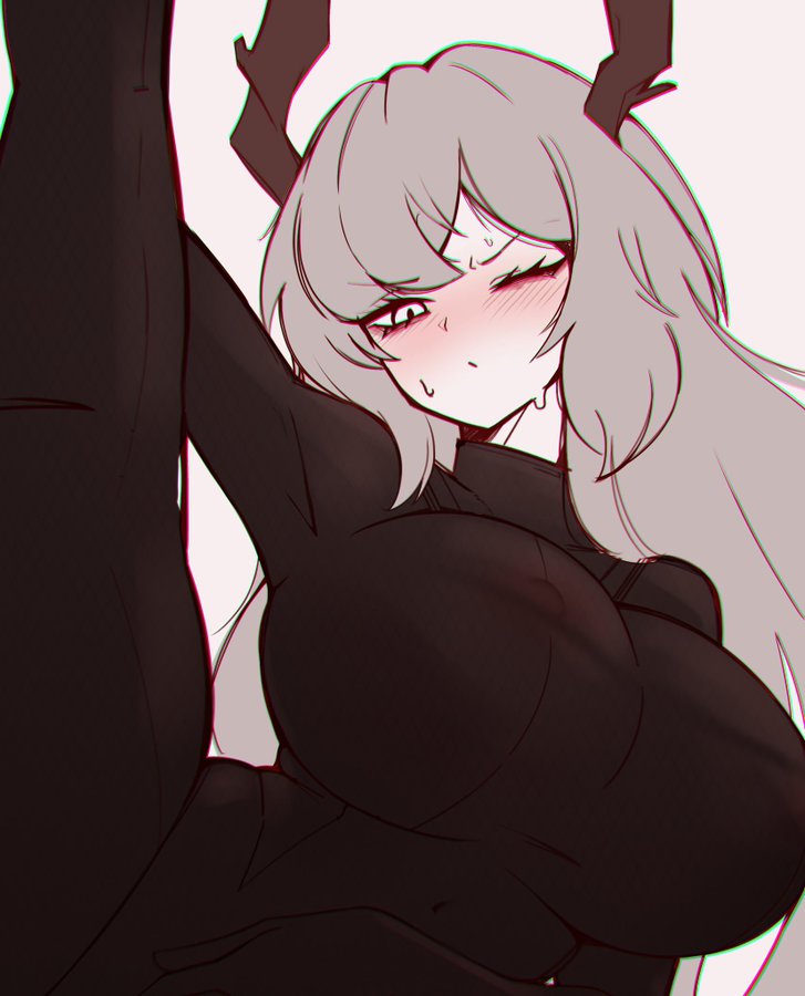 antlers blush breasts horns ishmael_(project_moon) large_breasts limbus_company long_hair m_ayonessa one_eye_closed project_moon r_corp._(identity)_(project_moon) reindeer_antlers skin_tight sweat thick_thighs thighs