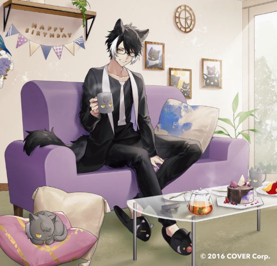 1boy animal_ears animal_slippers bespectacled between_legs black_hair black_jacket black_pants black_shirt black_slippers bouquet cake cat clock copyright_notice couch crew_neck cup cushion flower food fork fruit full_body glass_table glass_teapot glasses grey_cat hair_between_eyes hand_between_legs hanging_flower happy_birthday holding holding_cup holostars indoors jackal_boy jackal_ears jackal_tail jacket kageyama_shien koyama_(kageyama_shien) lapels looking_at_viewer male_focus mug multicolored_hair nakayama_(kageyama_shien) namakawa necktie_print nekoyama_shien official_art omelet omurice pants parted_lips photo_(object) plant plate shawl_lapels shelf shirt short_hair sitting slippers smile solo steam strawberry string_of_flags table tail tea teapot themed_object two-tone_hair virtual_youtuber white_hair window yellow_eyes