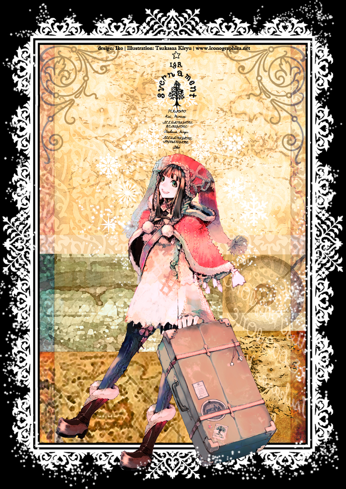 1girl artist_name blue_pantyhose blunt_bangs boots border brown_eyes brown_hair capelet female_focus full_body fur-trimmed_boots fur_trim green_eyes hime_cut hood kiryuu_tsukasa_(citrocube) luggage open_mouth original outside_border pantyhose pom_pom_(clothes) rolling_suitcase sidelocks smile solo standing suitcase traveler_(citrocube) trunk