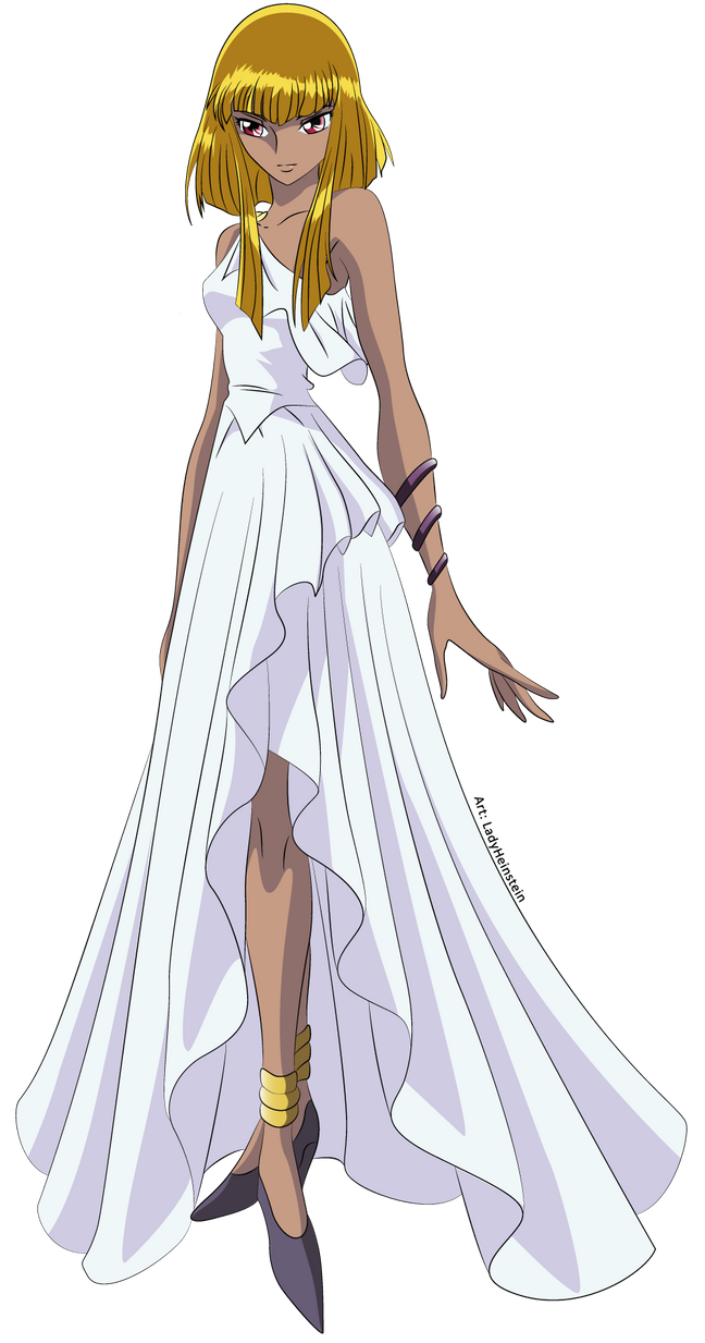 10s 1girl artist_request bare_legs blonde_hair bob_cut bracelet breasts dark-skinned_female dark_skin dress expressionless female_focus highres jewelry kurumada_masami_(style) legs_together looking_at_viewer medium_breasts official_style pallas red_eyes saint_seiya saint_seiya_omega sitting sleeveless sleeveless_dress solo standing transparent_background white_dress