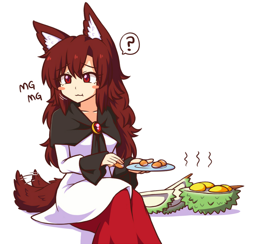 1girl :t ? animal_ear_fluff animal_ears blush_stickers breasts brooch brown_hair collarbone commentary dress durian eating english_commentary feet_out_of_frame female_focus food hair_between_eyes holding holding_food holding_plate imaizumi_kagerou jewelry long_hair medium_breasts mg_mg multicolored_dress plate red_dress red_eyes shadow simple_background sitting solo spoken_question_mark tail tail_wagging touhou white_background white_dress wolf_ears wolf_tail wool_(miwol)